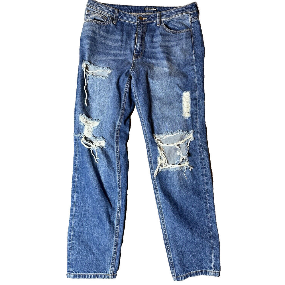 Fashion Nova Jeans Juniors Size 13 Blue Denim Straight Distressed APB4740